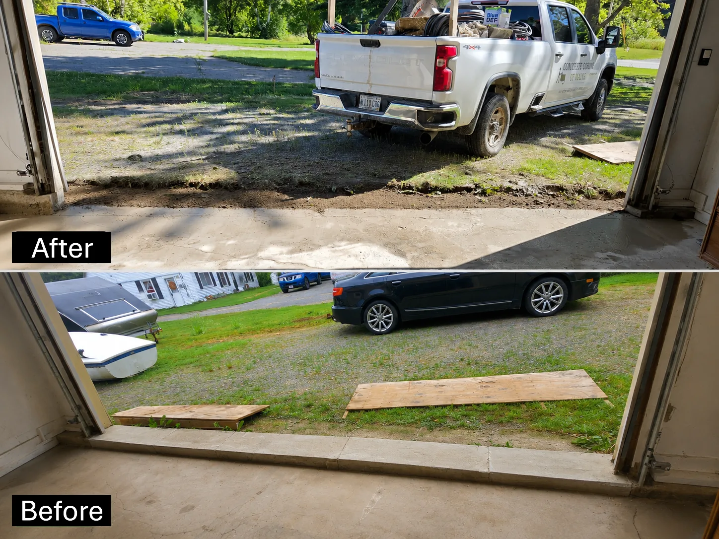 Before and after concrete cutting and removal of a garage entry slab