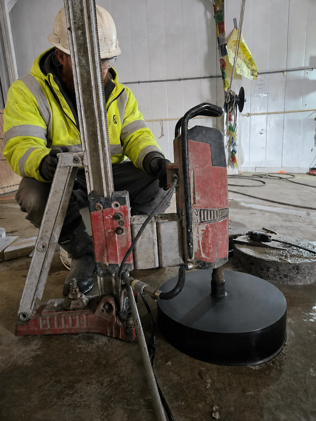 Operator running a diamond core drilling tower on a concrete slab